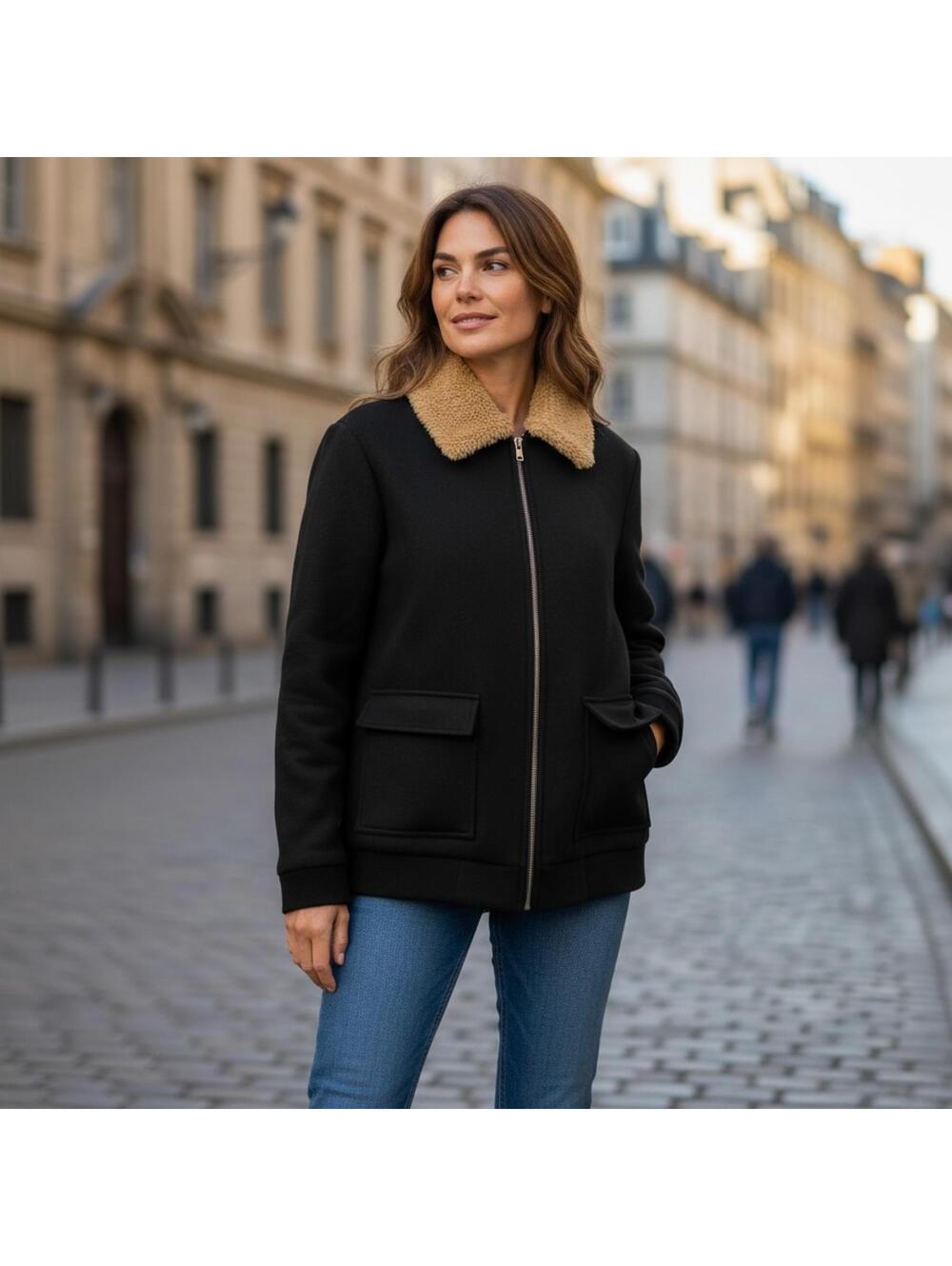 Open Edit Black Women's Jacket with Faux Fur Collar